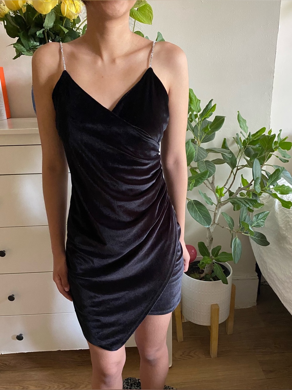 Black Velvet Draped Slip Dress with Rhinestone Straps